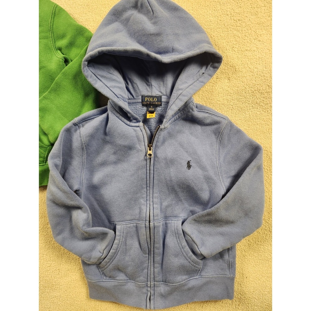 Polo Ralph Lauren Boys Sz 5 Full Zip Green Blue Hooded Jacket Blue Pony Classic - Picture 2 of 9